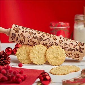 2 Pcs Christmas Embossing Rolling Pin, Wooden Rolling Pin, Square Flower Pattern